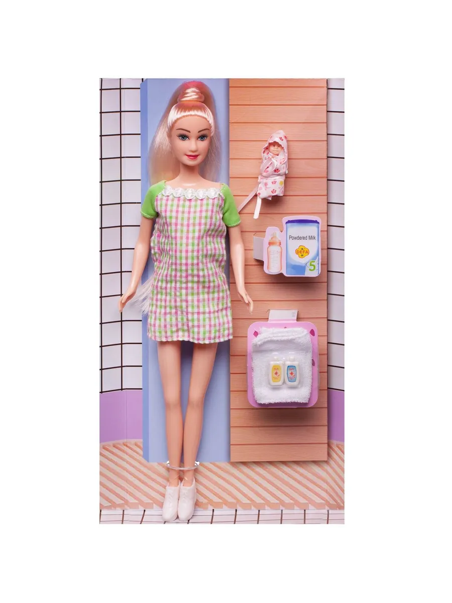 Кукла Defa Lucy "Молодая мама" (в платье в клетку с зелеными рукавами) с малышом и игровыми предметами, высота куклы 29 см