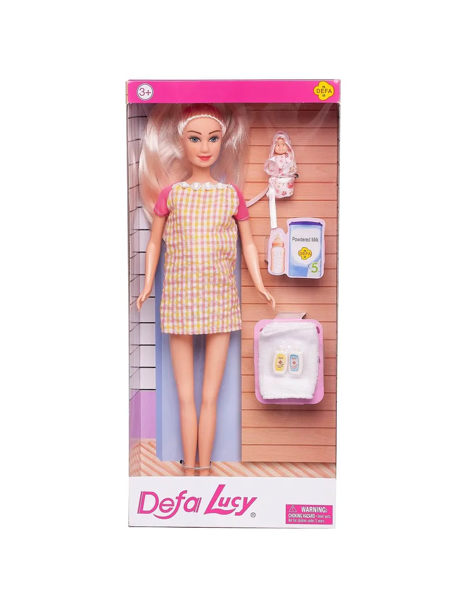 Кукла Defa Lucy "Молодая мама" (в платье в клетку с розовыми рукавами) с малышом и игровыми предметами, высота куклы 29 см
