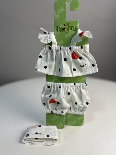 картинка Одежда для кукол - Хлопковый комплект: Топ с крылышками, шорты и бант, обхват талии 13-16 см арт.161 интернет-магазин TuKiTu.ru