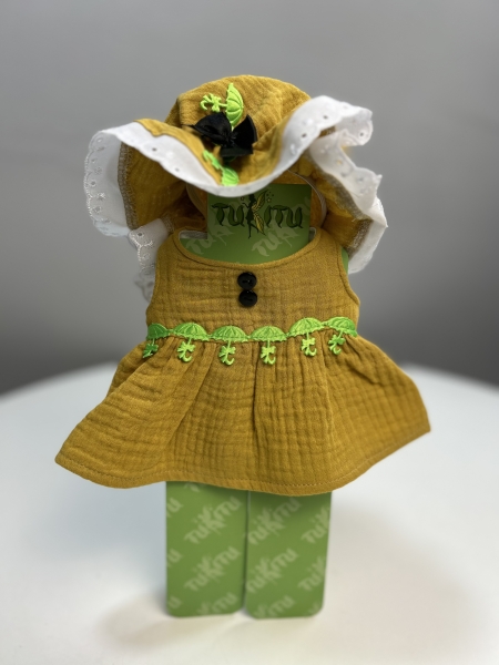 картинка Одежда для кукол и пупсиков - Платье и чепчик на голову из горчичного муслина, рост 26-30 см, арт. 177 интернет-магазин TuKiTu.ru