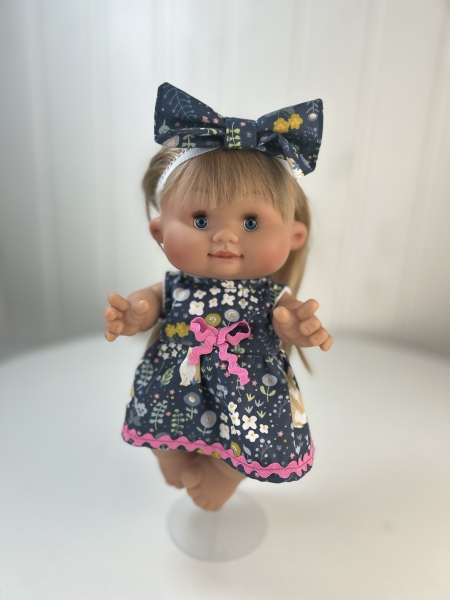 картинка Одежда для кукол - Платье "Зайчики на синем "и бант на голову, для пупсов и кукол 26-30 см, арт. 96 интернет-магазин TuKiTu.ru