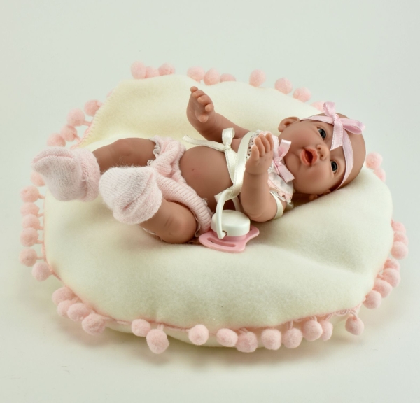 картинка испанские Пупс-мини "Новорожденная", в розовом, с подушкой (в коробке), 20 см, арт. 242 интернет-магазин TuKiTu.ru