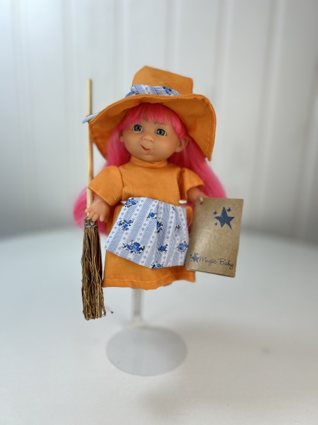 картинка испанские Пупс-мини "Ведьмочка", в оранжевом платье и шляпе, 18 см. арт. 138U-1 интернет-магазин TuKiTu.ru