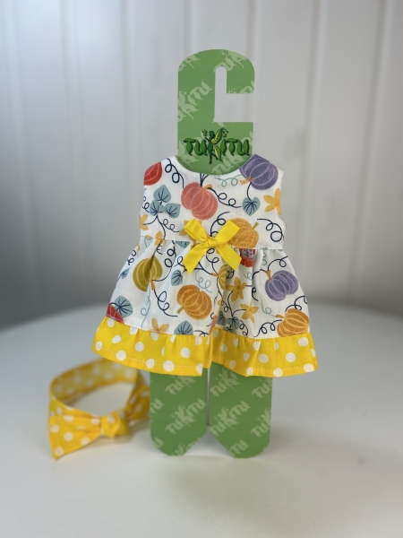 картинка Одежда для кукол и пупсиков - Платье "Тыковки", бант на голову, обхват талии 13-16 см , арт 165 интернет-магазин TuKiTu.ru