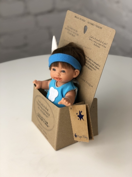 картинка испанские Пупс "Супер-девочка", в голубой кофте, с голубой повязкой, 18 см , арт. 404 интернет-магазин TuKiTu.ru