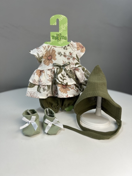 картинка Одежда для пупсов -  Комплект из муслина тёмно-зелёный: Платье, чепчик, носки арт. 185 интернет-магазин TuKiTu.ru
