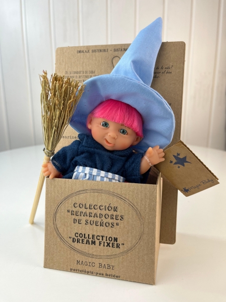 картинка испанские Пупс-мини "Ведьмочка", в синем платье и в голубой шляпе, 18 см. арт. 138U-17 интернет-магазин TuKiTu.ru