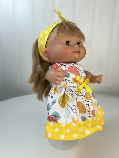 картинка Одежда для кукол и пупсиков - Платье "Тыковки", бант на голову, обхват талии 13-16 см , арт 165 интернет-магазин TuKiTu.ru