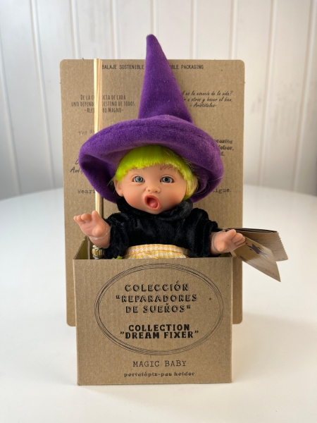 картинка испанские Пупс-мини "Ведьмочка", с желтыми волосами, в фиолетовой шляпе, 18 см, арт. 138U-12 интернет-магазин TuKiTu.ru